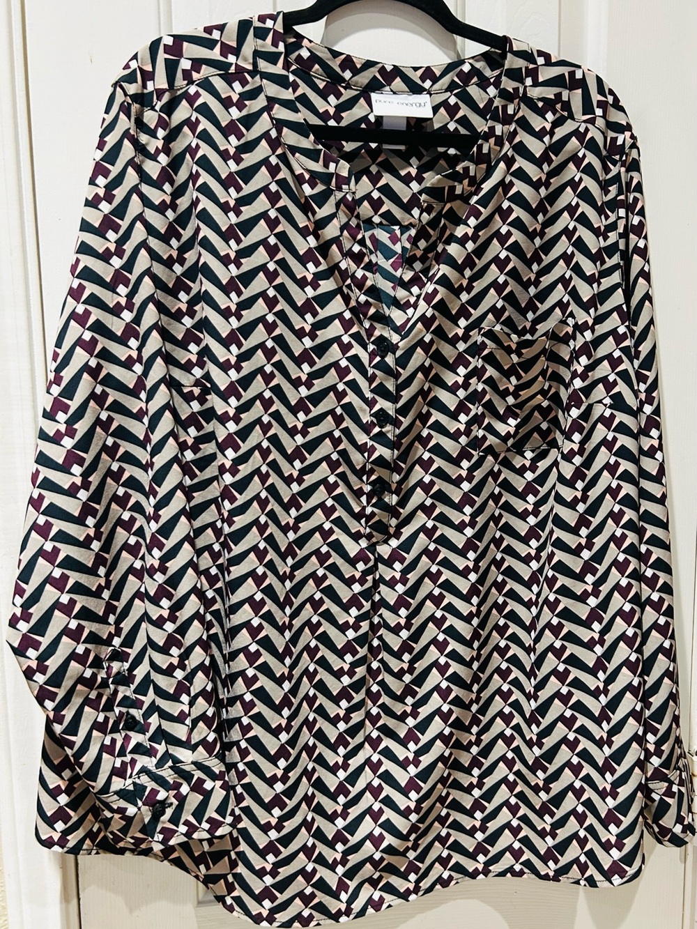 Pure Energy Chevron-Print Long Sleeve Blouse in Cream, Purple, and Black